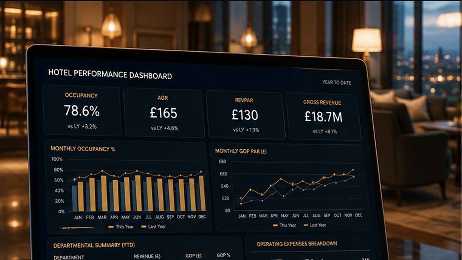 Hotel operating performance and NOI dashboard
